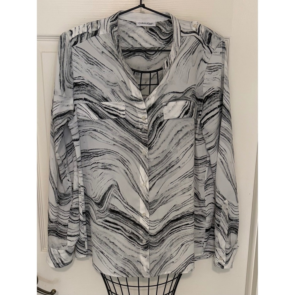 Calvin Klein Women's Medium Marble Print Utility Blouse Button Down Black White